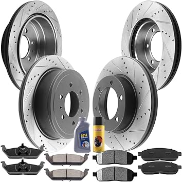 MotorbyMotor Front Rear Brake Kit Rotors and Ceramic Pads Replacement for 2004-2008 Ford F-150,2006-2008 Lincoln Mark LT E-Coating Drilled & Slotted Brake Rotor & Brake Pad + CLEANER DOT4 FLUID MotorbyMotor