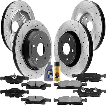 MotorbyMotor Front Rear Brake Kit Rotors and Ceramic Pads for 2011-2020 Dodge Durango, 2011-2018 Jeep Grand Cherokee E-Coating Drilled & Slotted Brake Rotor & Disc Brake Pads & CLEANER DOT4 FLUID MotorbyMotor