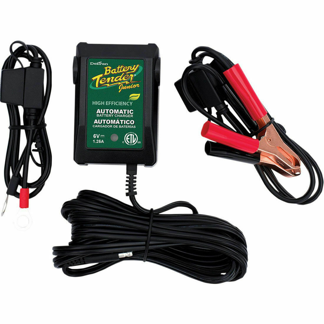 Battery Tender Junior automatic battery charger and maintainer with cables and alligator clips.