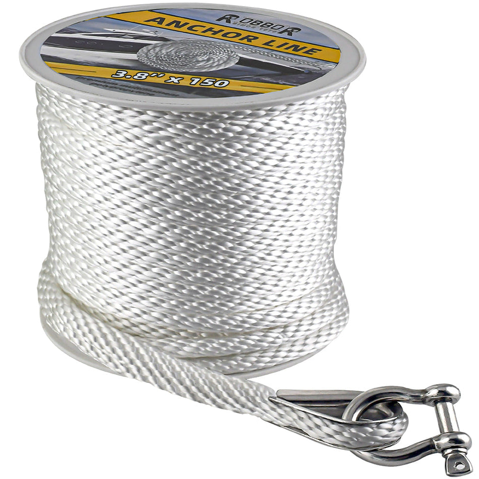 Robbor Solid Braid MFP Anchor Rope with Stainless Steel Thimble & Shackle 3/8 Inch 150FT