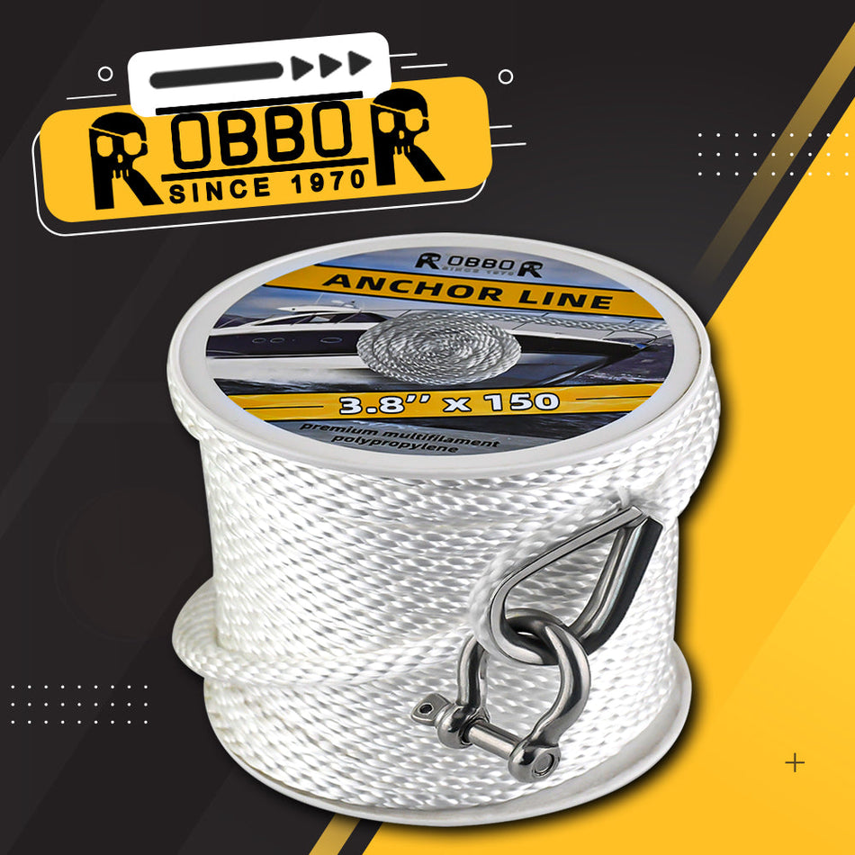 Robbor Solid Braid MFP Anchor Rope with Stainless Steel Thimble & Shackle 3/8 Inch 150FT