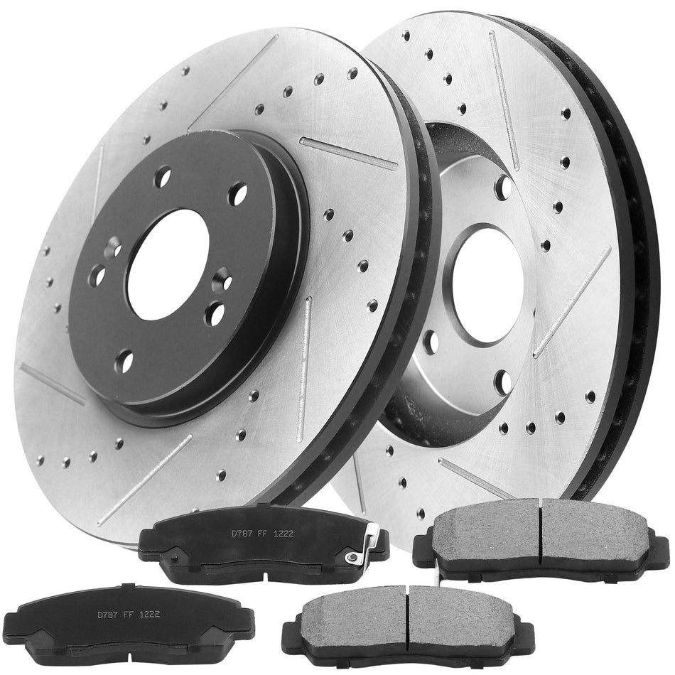 MotorbyMotor Front Rear Brake Kit Rotors and Ceramic Pads 2003-2007 Honda Accord E-Coating Drilled & Slotted Brake Rotor & Disc Brake Pads