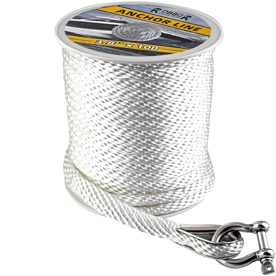 Robbor Solid Braid MFP Anchor Rope with Stainless Steel Thimble & Shackle 3/8 Inch 100FT