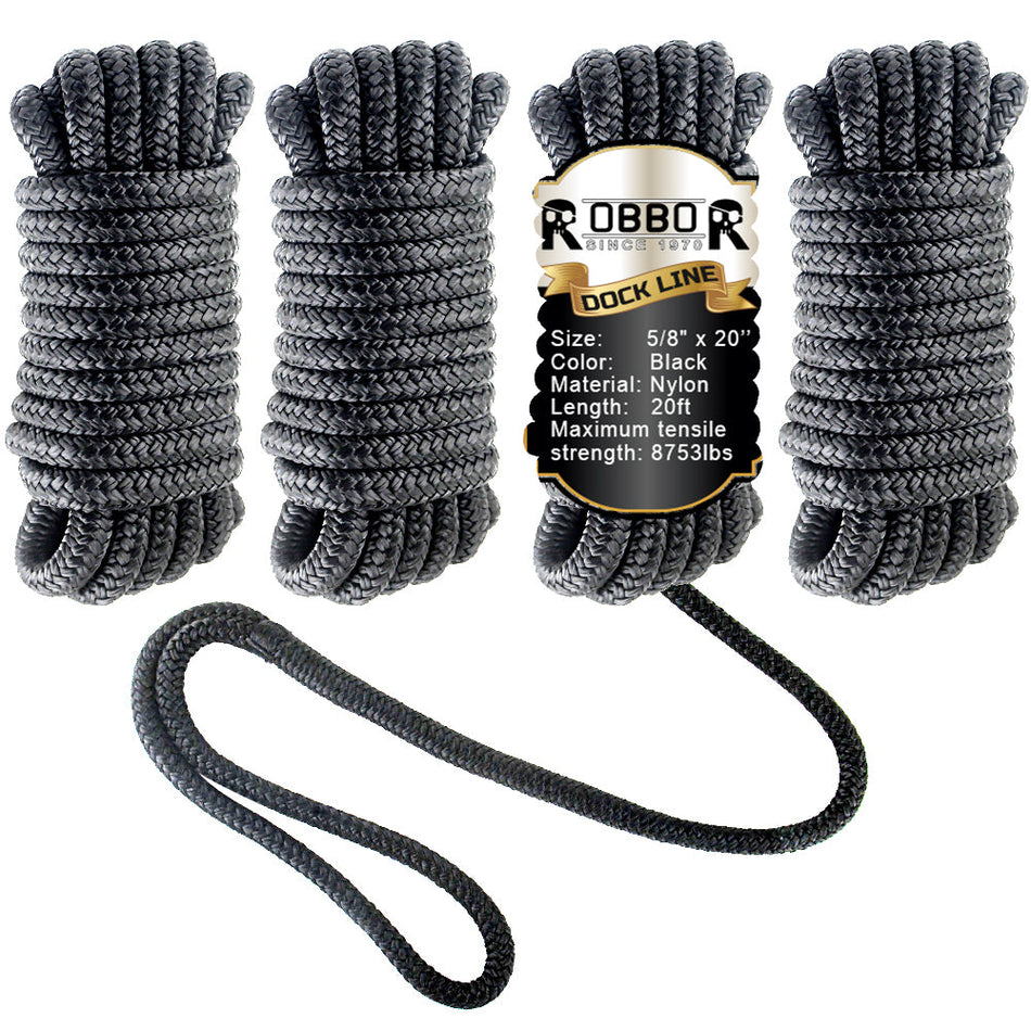 5/8" x 20' Double Braided Nylon Boat Dock Lines Pre-Spliced with a 15" Loop