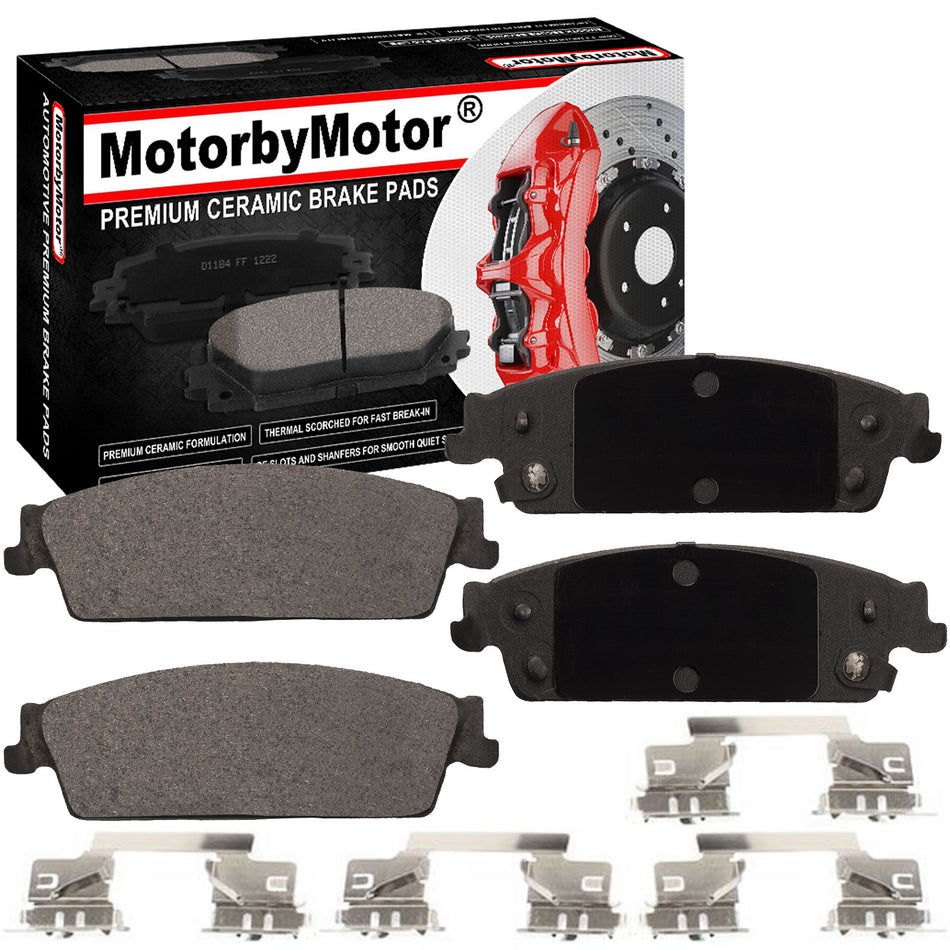 4PC Rear Ceramic Brake Pads w/Hardware Kits Fits for Cadillac Escalade ESV, Chevrolet Silverado 1500 Suburban Tahoe, GMC Sierra 1500 Yukon XL Low Dust Brake Pad (All Models) MotorbyMotor