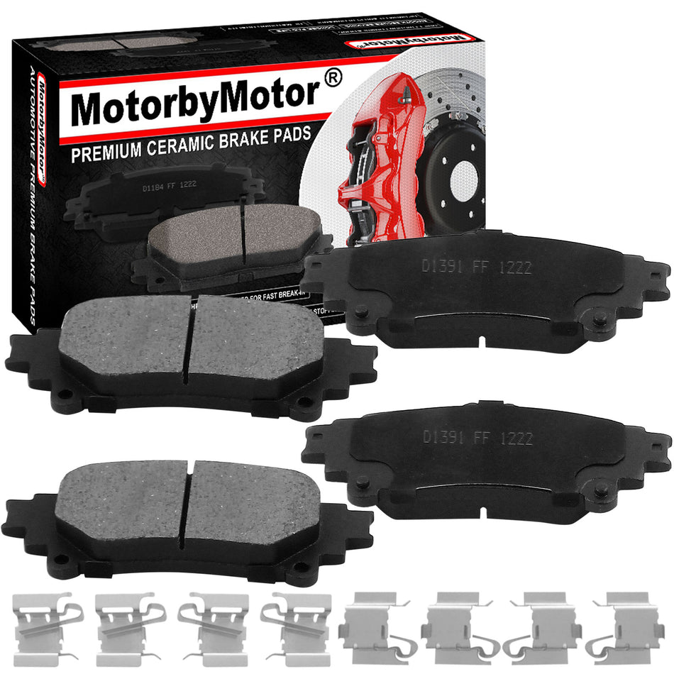 Rear Ceramic Brake Pads w/Hardware Kits Fits for Lexus GS Turbo GS200t GS350 GS450H IS200T IS250 IS300 IS350 RC200T RC300 RC350 RX350 RX450h, Toyota Highlander Mirai Prius V Sienna -4 Pack MotorbyMotor