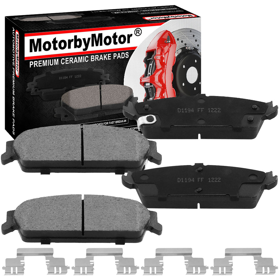 Rear Ceramic Brake Pads w/Hardware Kits Fits for Cadillac Escalade ESV EtaXT, Chevrolet Avalanche Tahoe Suburban Silverado 1500, GMC Sierra 1500 Yukon 1500-Low Dust Brake Pad-4 Pack MotorbyMotor