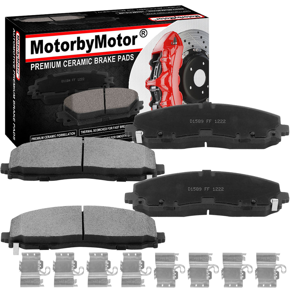 Front Ceramic Brake Pads w/Hardware Kits Fits for Chrysler Pacifica Town & Country, Dodge Grand Caravan Journey Gladiator Wrangler, Ram C/V, Volkswagen Routan-Ceramic Low Dust Brake Pad-4 Pack MotorbyMotor