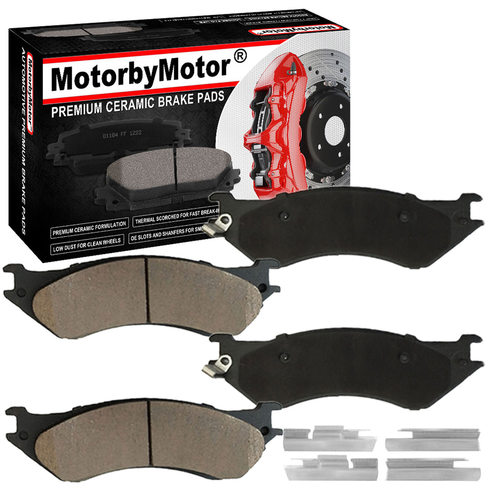 4PC Rear Ceramic Brake Pads w/Hardware Kits Fits for Dodge Ram 1500 2006-2008 (Mega Cab Models), Dodge Ram 2500 2003-2008 Low Dust Brake Pad (2WD or 4WD) MotorbyMotor