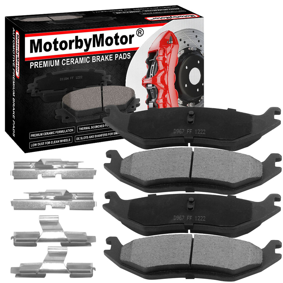 Rear Ceramic Brake Pads w/Hardware Kits Fits for Chrysler Aspen, Dodge Durango Ram 1500 Van, Ram 1500 Classic Ceramic Low Dust Brake Pad (All Models)-4 Pack MotorbyMotor