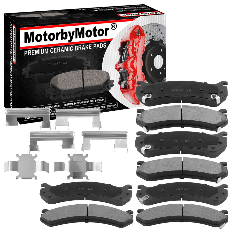 8 PCS Front & Rear Ceramic Brake Pads w/Hardware Kits Fits for Chevrolet Silverado 1500 2500 3500 HD Suburban 2500, GMC Sierra 1500 2500 3500 HD Yukon XL 2500, Hummer H2 Low Dust Brake Pad MotorbyMotor