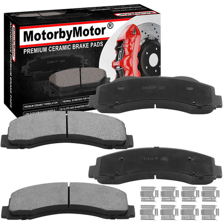 Front Ceramic Brake Pads w/Hardware Kits Fits Ford Expedition 10-18, Ford F-150 10-17, Lincoln Navigator 10-18-Ceramic Low Dust Brake Pad-4 Pack MotorbyMotor