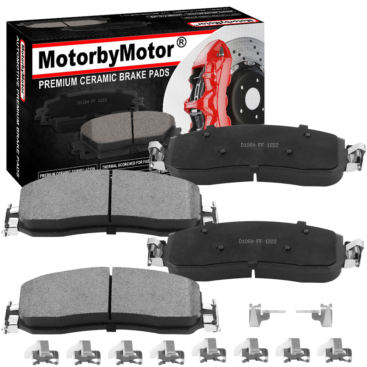 Front Ceramic Brake Pads w/Hardware Kits Fits for Ford F-250 Super Duty 2005-2011 (All Models), Ford F-350 Super Duty 2005-2012 (All Models)-Low Dust Brake Pad-4 Pack MotorbyMotor