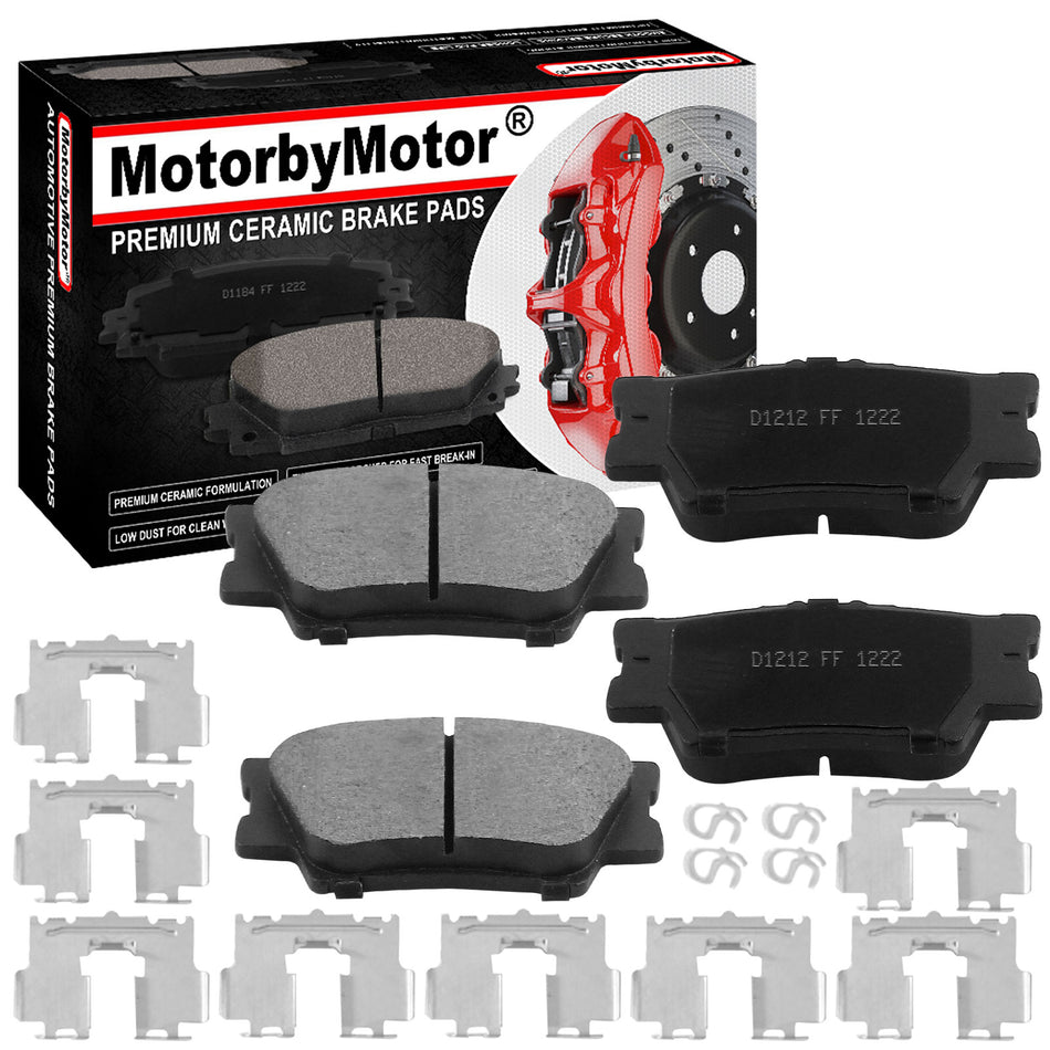 Rear Ceramic Brake Pads w/Hardware Kits Fits for Lexus ES300h ES350 HS250h, Pontiac Vibe, Toyota Camry Matrix RAV4-Low Dust Brake Pad-4 Pack MotorbyMotor