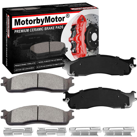 MotorbyMotor 4PC Front Ceramic Brake Pads with Hardware Kits, Dodge Ram 1500 06-08 (Mega Cab Models ONLY), Dodge Ram 2500 Ram 3500 03-08 (All Models) Low Dust Brake Pad MotorbyMotor