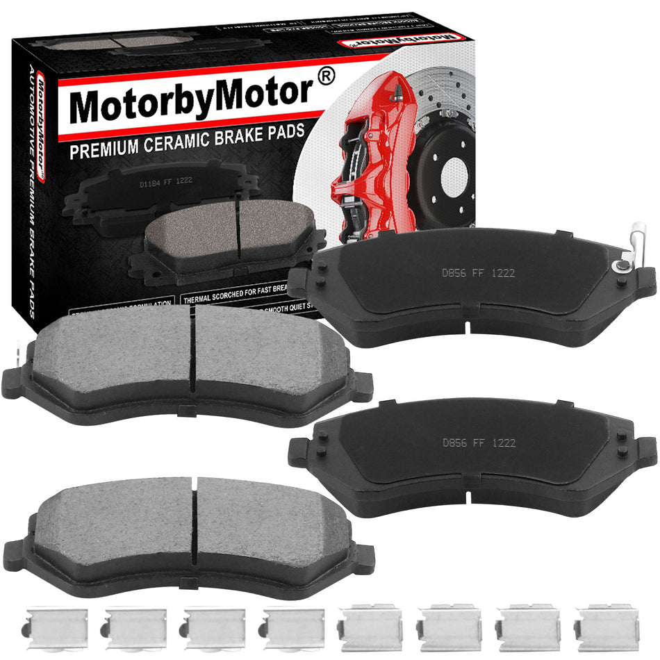 Front Ceramic Brake Pads w/Hardware Kits Fits for Jeep Liberty, Chrysler Town & Country Voyager, Dodge Caravan Grand Caravan Low Dust Brake Pad (Rear Drum Brakes ONLY) -4 Pack MotorbyMotor