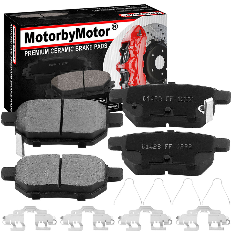 Rear Ceramic Brake Pads w/Hardware Kits Fits for Toyota Corolla Matrix Prius Plug-In Yaris, Pontiac Vibe, Scion TC IM XB-Low Dust Brake Pad-4 Pack MotorbyMotor