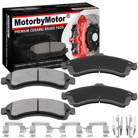 MotorbyMotor 4PC Front Ceramic Brake Pads with Hardware Kits Fits for Buick Rainier, Chevrolet Trailblazer, GMC Envoy, Isuzu Ascender, Oldsmobile Bravada Low Dust Brake Pad MotorbyMotor