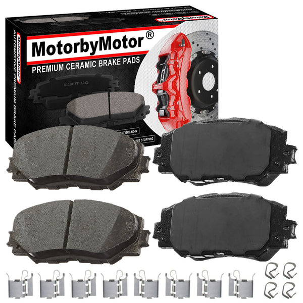 MotorbyMotor 4PC Front Ceramic Brake Pads with Hardware Kits, Lexus HS250H, Pontiac Vibe, Scion XB XD, Toyota Corolla Matrix Prius V Rav4 Low Dust Brake Pad MotorbyMotor