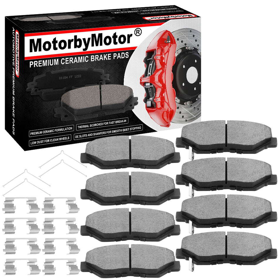 8 PCS Front & Rear Ceramic Brake Pads w/Hardware Kits Fits for Honda Pilot 2003-2008 Low Dust Brake Pad (All Models) MotorbyMotor