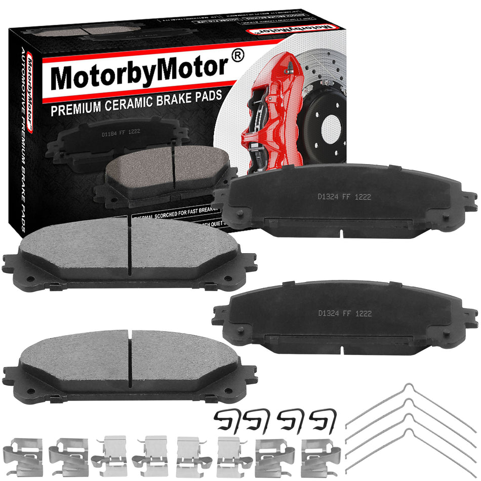 MotorbyMotor 4PC Front Ceramic Brake Pads with Hardware Kits,Lexus NX200T NX300 NX300H RX350 RX350L RX450HL RX450H, Toyota Avalon Camry Highlander Sienna Low Dust Brake Pad (All Models) MotorbyMotor