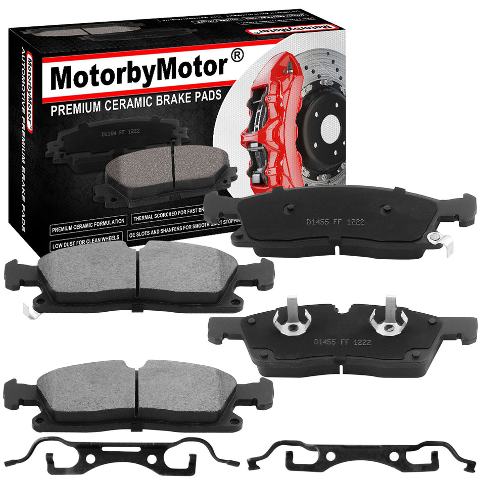 Front Ceramic Brake Pads w/Hardware Kits Fits for Dodge Durango, Jeep Grand Cherokee Low Dust Brake Pad-4 Pack MotorbyMotor