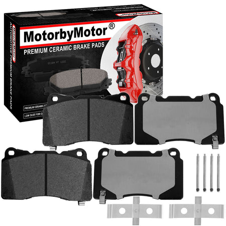 MotorbyMotor 4PC Front Ceramic Brake Pads with Hardware Kits, Buick Regal Sportback Tourx, Caillac ATS CT6 CTS STS XTS, Chevrolet Camaro Corvette, Ford GT Mustang, Hyundai Genesis Coupe, Pontiac G8 MotorbyMotor