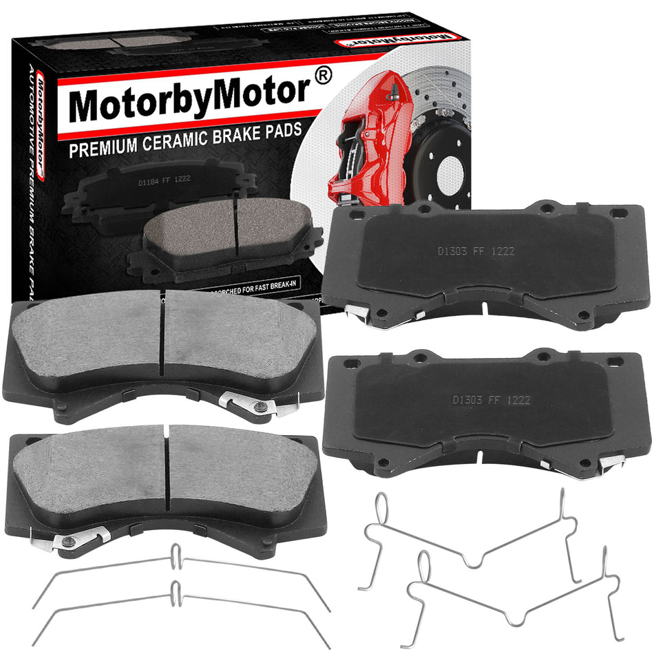 4PC Front Ceramic Brake Pads with Hardware Kits Fits for Lexus LX570, Toyota Land Cruiser Sequoia Tundra Low Dust Brake Pad (All Models) MotorbyMotor