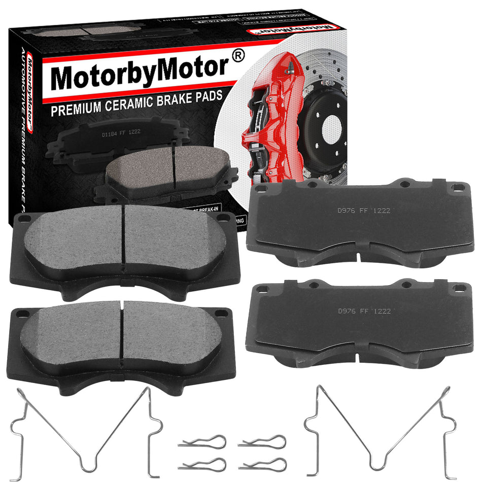 Front Ceramic Brake Pads w/Hardware Kits Fits for Lexus GX460 GX470, Toyota 4Runner Sequoia Tacoma Tundra, Mitsubishi Montero Ceramic Low Dust Brake Pad (All Models)-4 Pack MotorbyMotor