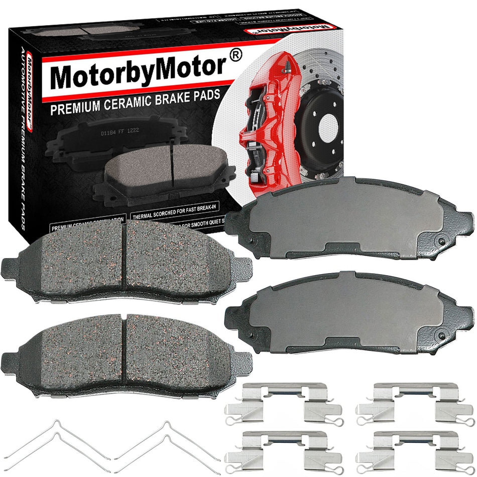 Front Ceramic Brake Pads w/Hardware Kits Fits for Nissan Frontier 2005-2007, Nissan Pathfinder 2005-2007, Nissan Xterra 2005-2015, Suzuki Equator 2009-2012 Low Dust Brake Pad(All Models)-4 Pack MotorbyMotor