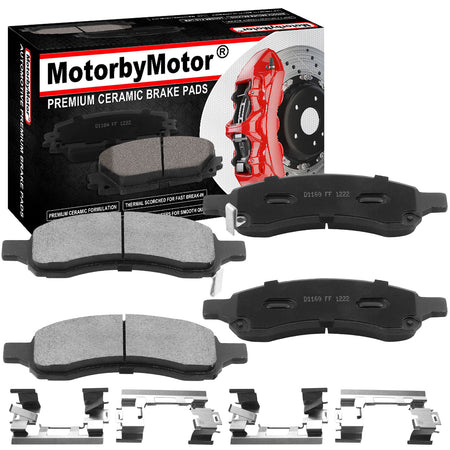 Front Ceramic Brake Pads w/Hardware Kits Fits for Buick Enclave Rainier, Chevrolet Colorado SSR Trailblazer EXT Traverse, GMC Acadia Canyon Envoy XL, Isuzu Ascender, SAAB 9-7X, Saturn Outlook-4 PC MotorbyMotor