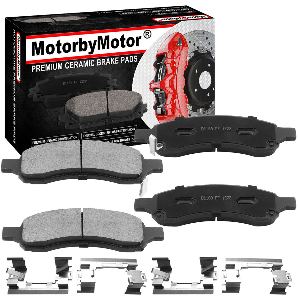 Front Ceramic Brake Pads w/Hardware Kits Fits for Buick Enclave Rainier, Chevrolet Colorado SSR Trailblazer EXT Traverse, GMC Acadia Canyon Envoy XL, Isuzu Ascender, SAAB 9-7X, Saturn Outlook-4 PC MotorbyMotor