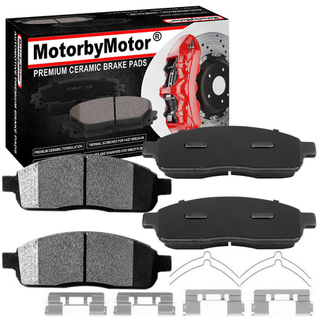 Front Ceramic Brake Pads w/Hardware Kits Fits for Ford F-150 2005-2008, Lincoln Mark LT 2006-2008 Low Dust Brake Pad (All Models)-4 Pack MotorbyMotor