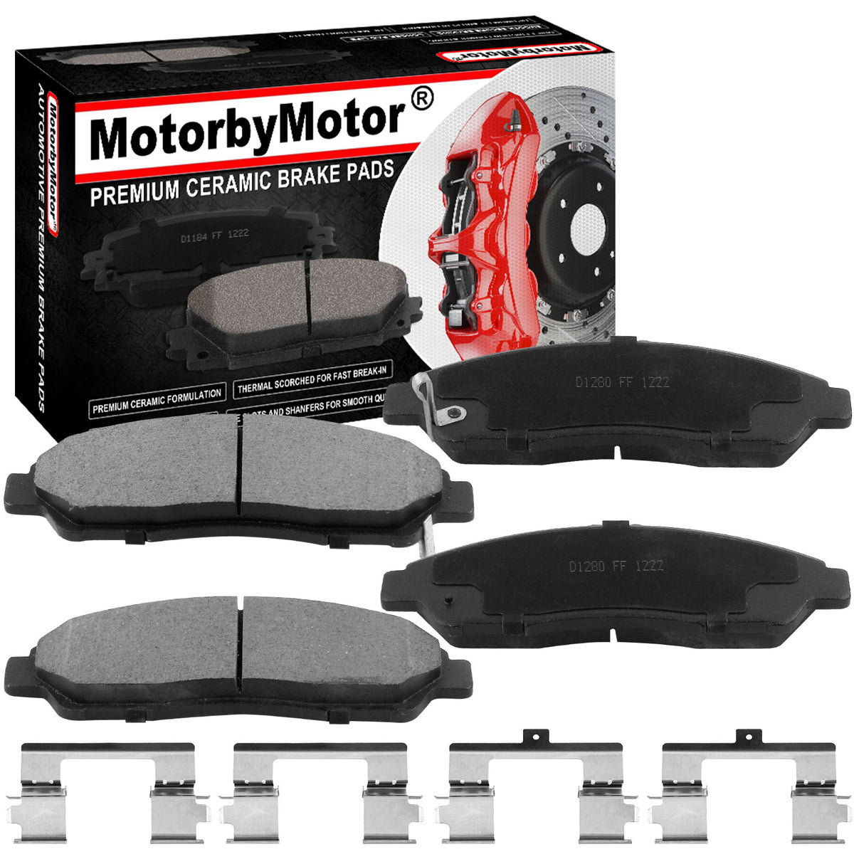 Front Ceramic Brake Pads w/Hardware Kits Fits for Acura MDX RLX ZDX, Honda Pilot-Low Dust Brake Pad-4 Pack MotorbyMotor