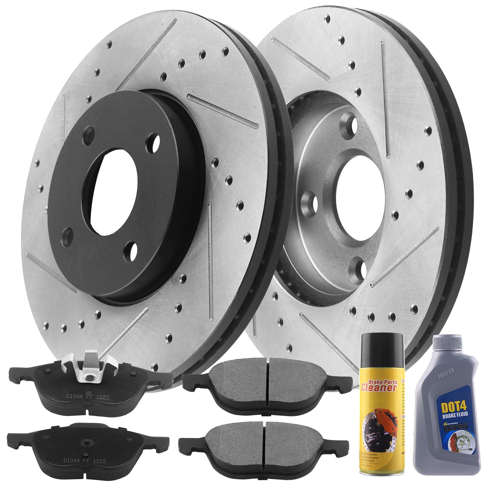 Front Drilled & Slotted Brake Rotors w/Ceramic Brake Pads w/Cleaner & Fluid Fit for 2005 2006 2007 Ford Focus(Not SVT Models) Front Brake Pads Brake Rotors, 4 Lugs(Bolts Not Included) MotorbyMotor