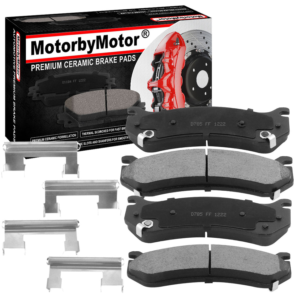 Front Ceramic Brake Pads w/Hardware Kits Fits for Cadillac Escalade EXT ESV, Chevy Tahoe Astro Avalanche Express Silverado Suburban 1500 2500, GMC GMC Safari Savana 1500 2500 Yukon XL-4 Pack MotorbyMotor