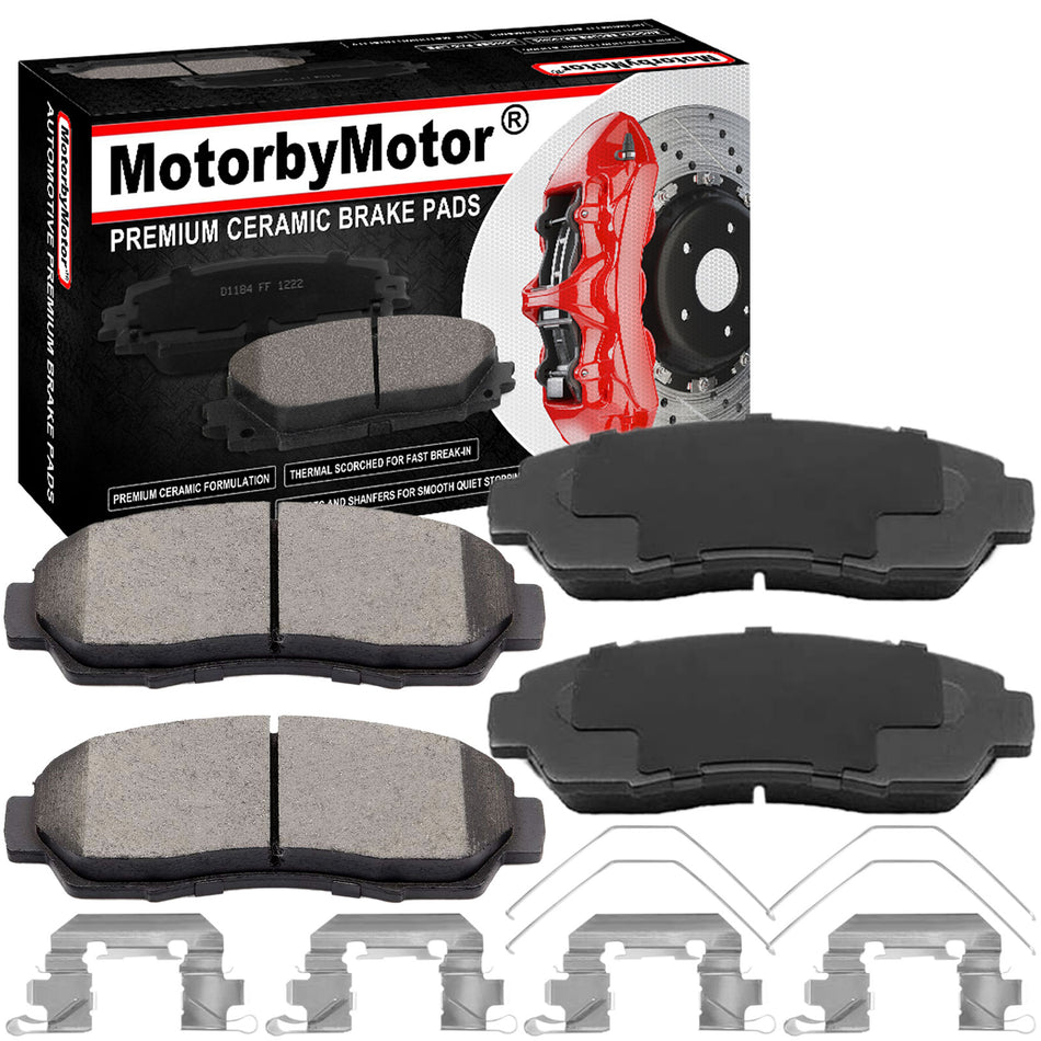 MotorbyMotor 4PC Front Ceramic Brake Pads with Hardware Kits, Honda Crosstour CR-V Odyssey Accord Crosstour Passport Low Dust Brake Pad (All Models) MotorbyMotor