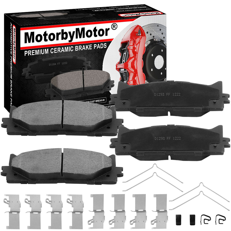 Front Ceramic Brake Pads w/Hardware Kits Fits for Toyota Avalon 08 - 18, Toyota Camry 07 - 17,Lexus ES300H 13 - 18, Lexus ES350 07 - 18-Low Dust Brake Pad-4 Pack MotorbyMotor