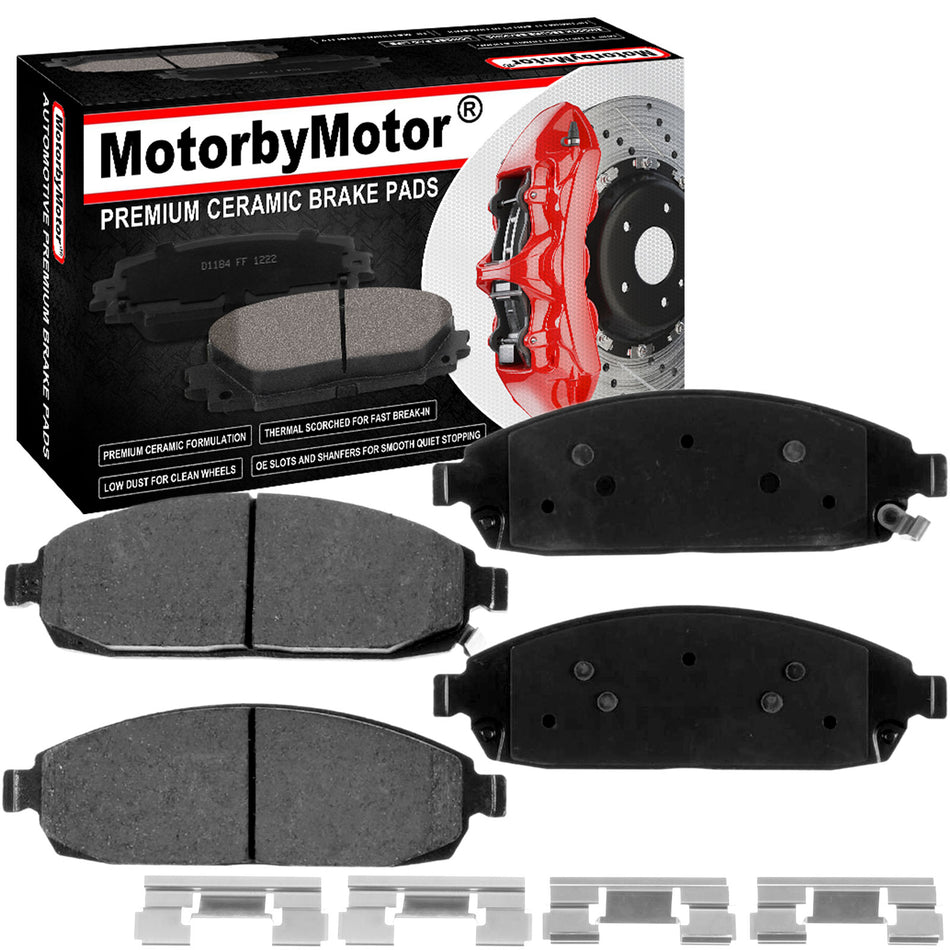 MotorbyMotor 4PC Front Ceramic Brake Pads with Hardware Kits, Jeep (Commander 2006-2010, Grand Cherokee 2005-2010 (Excludes SRT- 8)) Low Dust Brake Pad MotorbyMotor