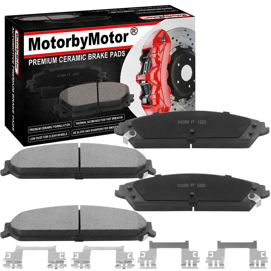 MotorbyMotor 4PC Front Ceramic Brake Pads with Hardware Kits Fits for Chrysler 200 300, Dodge Avenger Caliber Challenger Charger Magnum Low Dust Brake Pad MotorbyMotor