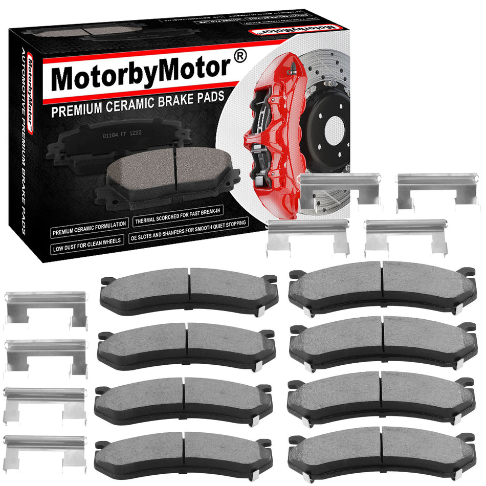 8 PCS Front & Rear Ceramic Brake Pads w/Hardware Kits Fits for Chevrolet Silverado 1500 Astro Tahoe, GMC Sierra 1500 Safari Yukon Low Dust Brake Pad MotorbyMotor