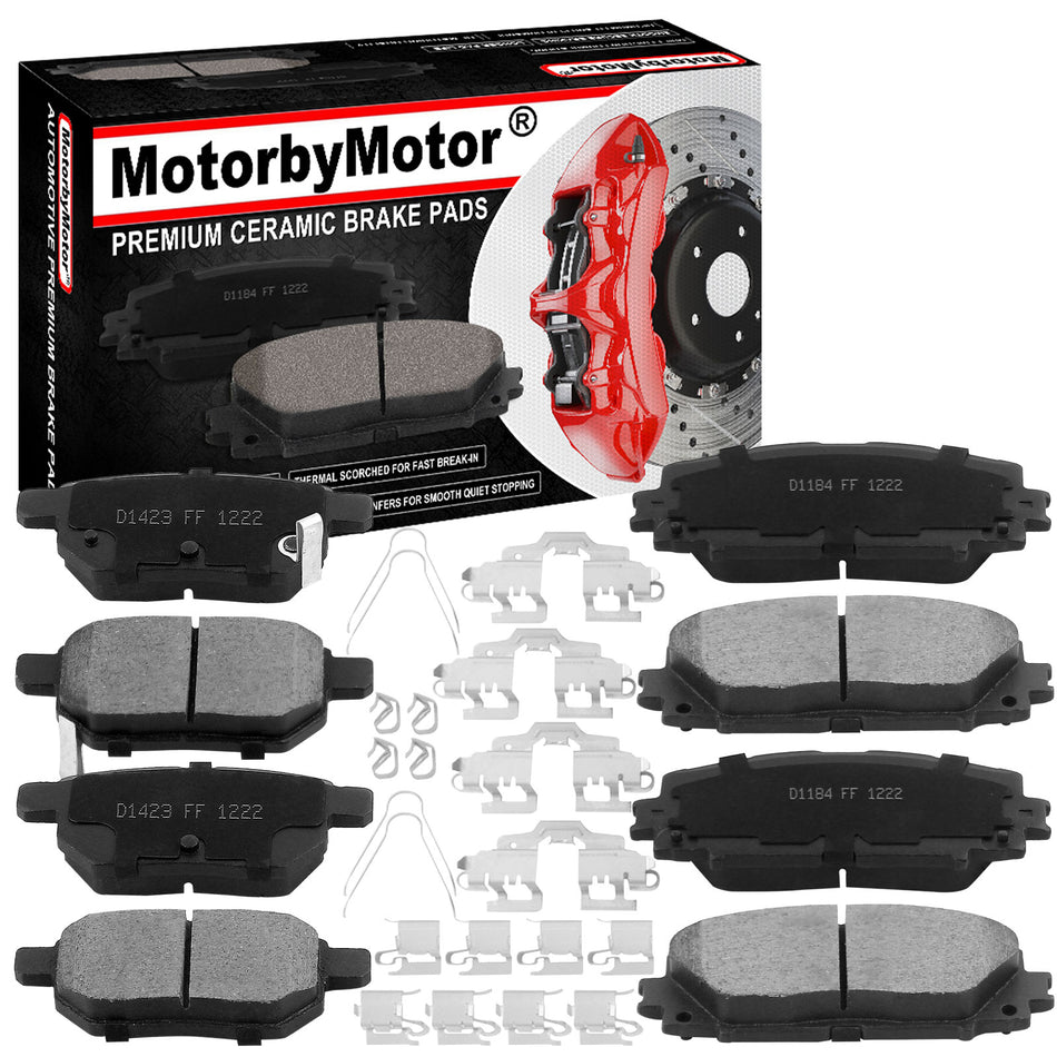 8 PCS Front & Rear Ceramic Brake Pads w/Hardware Kits Fits for 2011-2017 Lexus CT200h, 2010-2019 Toyota Prius, 2012-2015 Toyota Prius Plug-In, 2017-2019 Toyota Pruis Prime Low Dust Brake Pad MotorbyMotor