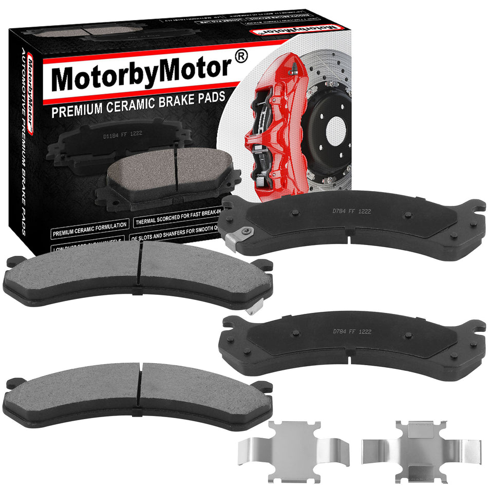 Front Ceramic Brake Pads w/Hardware Kits Fits for GMC Savana 2500 3500 4500, GMC Sierra 1500 2500 3500 HD Yukon XL Ceramic Low Dust Brake Pad (All Models)-4 Pack MotorbyMotor