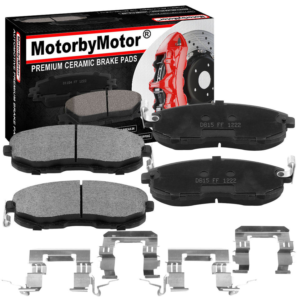 Front Ceramic Brake Pads w/Hardware Kits Fits for Infiniti G20 G35 I30 I35, Nissan 350Z Altima Cube Juke Maxima Sentra Versa, Suzuki SX4-4 Pack MotorbyMotor