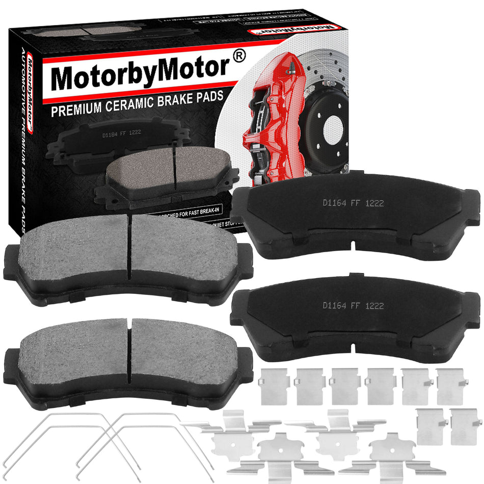 Front Ceramic Brake Pads w/Hardware Kits Fits for Ford Fusion, Lincoln MKZ Zephyr, Mazda 6 Milan-Low Dust Brake Pad-4 Pack MotorbyMotor