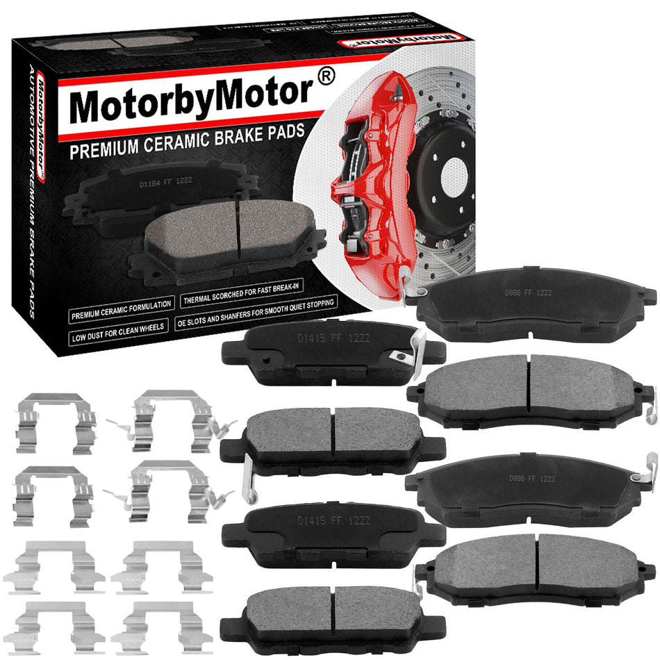 8 PCS Front & Rear Ceramic Brake Pads w/Hardware Kits Fits for Nissan Murano 2013-2014 (All Models), Nissan Murano 2011-2012 (CrossCabriolet Models) Low Dust Brake Pad MotorbyMotor