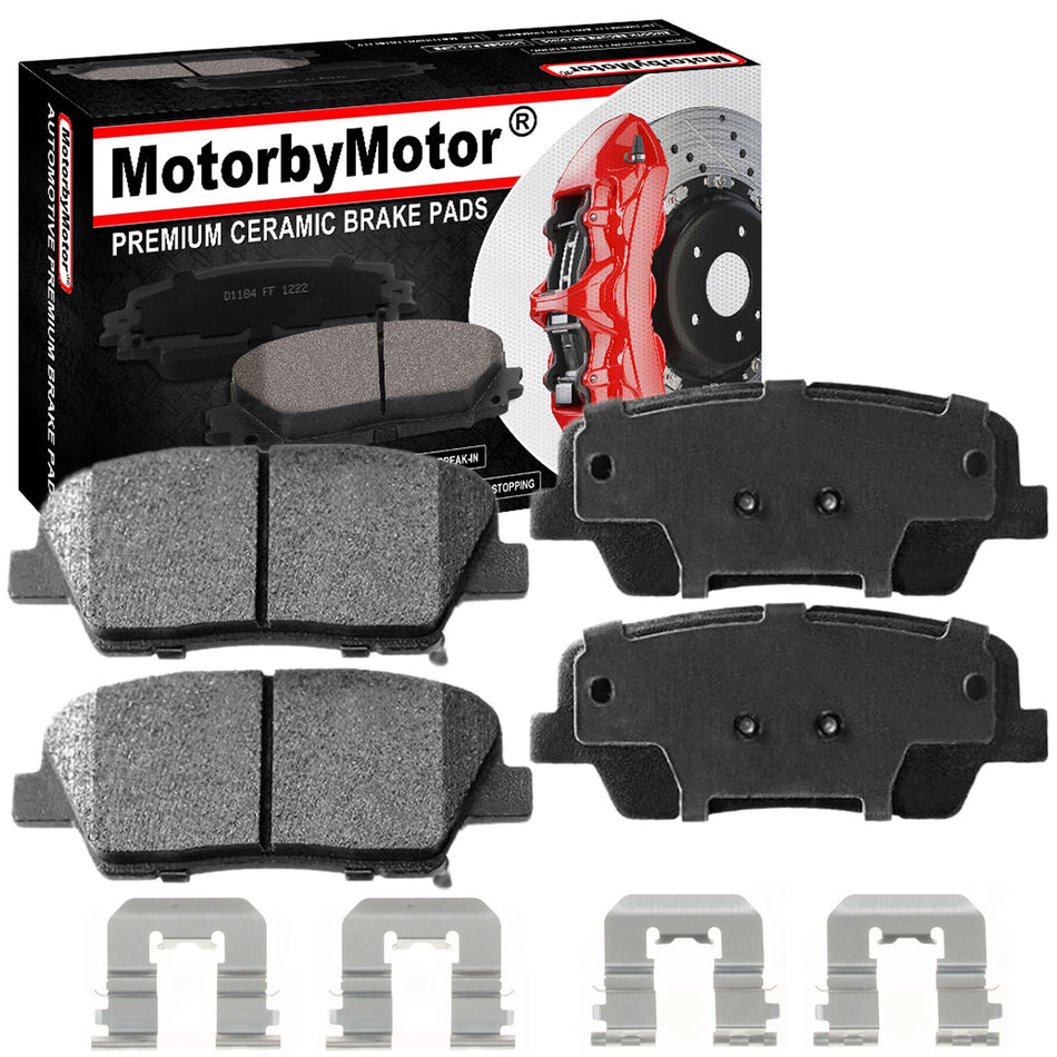 Rear Ceramic Brake Pads w/Hardware Kits Fits for Hyundai Entourage 2008-2009, Hyundai Santa Fe 2010-2016, Kia Sorento 2011-2014 Low Dust Brake Pad(All Models)-4 Pack MotorbyMotor