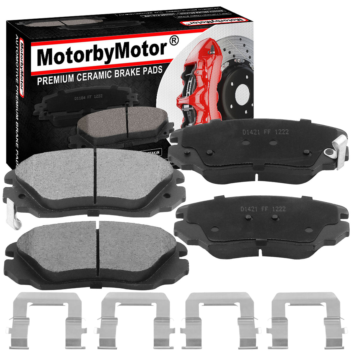 MotorbyMotor 4PC Front Ceramic Brake Pads with Hardware Kits Fits for Buick Allure Cascada Lacrosse Regal, Cadillac ELR, Chevy Equinox Impala Malibu Limited Terrain, Saab 44809, Nissan Titan XD Low Dust Brake Pad MotorbyMotor