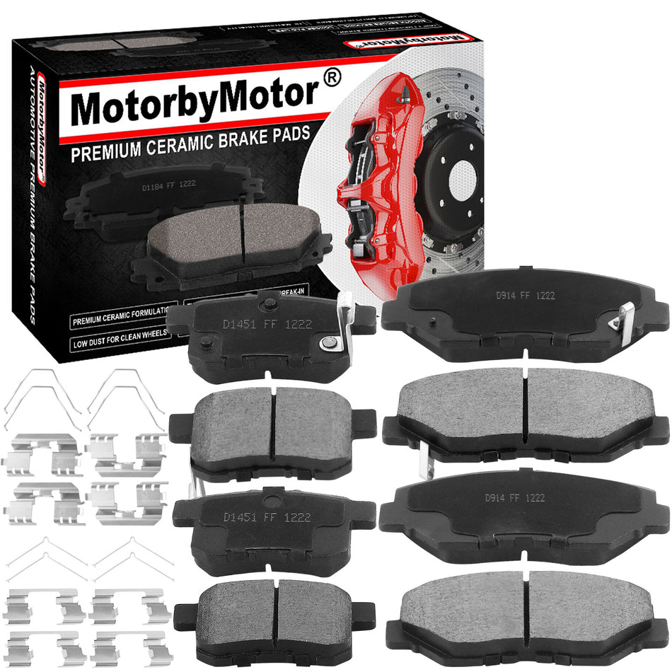 8 PCS Front & Rear Ceramic Brake Pads w/Hardware Kits Fits for Honda Accord Low Dust Brake Pad MotorbyMotor