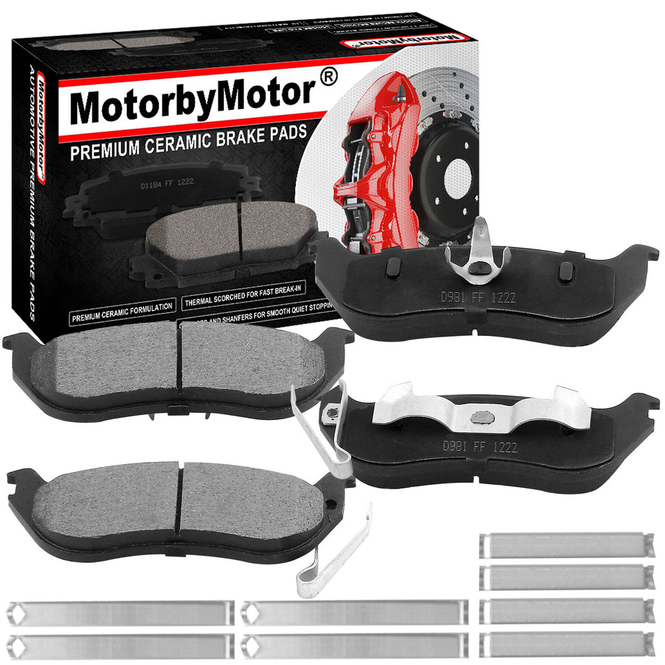 Rear Ceramic Brake Pads w/Hardware Kits Fits for Jeep Liberty 2003-2007, Jeep Wrangler 2003-2006 (All Models)-Ceramic Low Dust Brake Pad-4 Pack MotorbyMotor